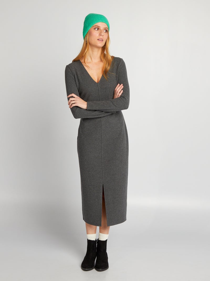 Vestido midi de canalé fino GRIS - Kiabi