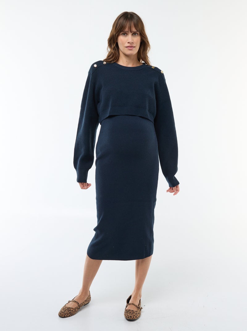 Vestido midi de canalé + jersey cropped de maternidad Azul - Kiabi