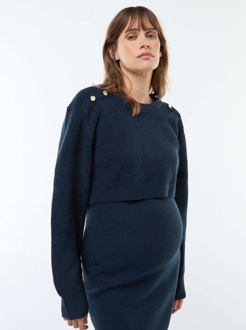 Vestido midi de canalé + jersey cropped de maternidad Azul - Kiabi