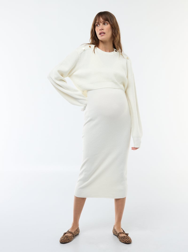 Vestido midi de canalé + jersey cropped de maternidad Blanco - Kiabi