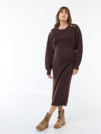 Vestido midi de canalé + jersey cropped de maternidad