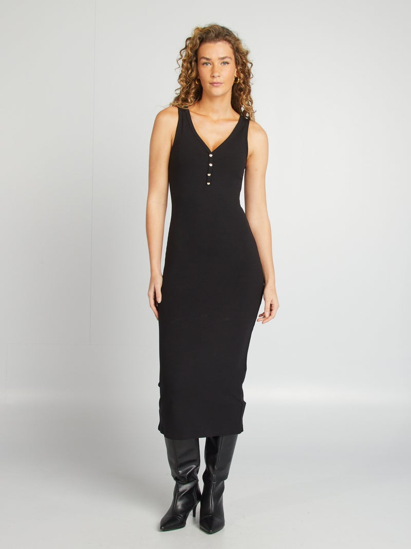 Vestido midi de canalé negro - Kiabi