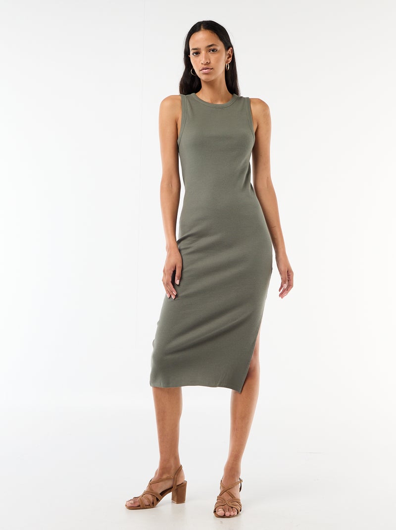 Vestido midi de canalé sin mangas Verde - Kiabi