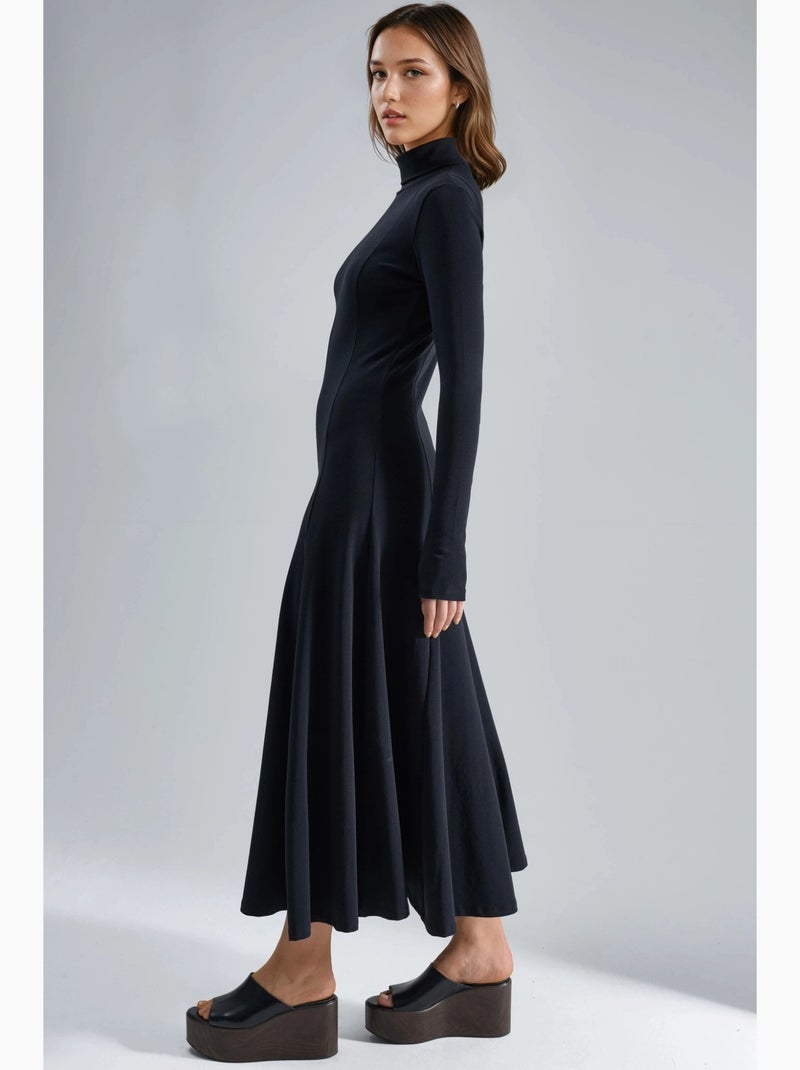 Vestido midi de corte a con cuello barco y manga larga busem Negro - Kiabi