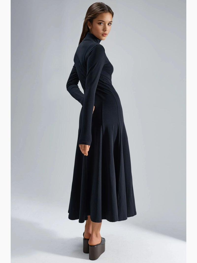 Vestido midi de corte a con cuello barco y manga larga busem Negro - Kiabi
