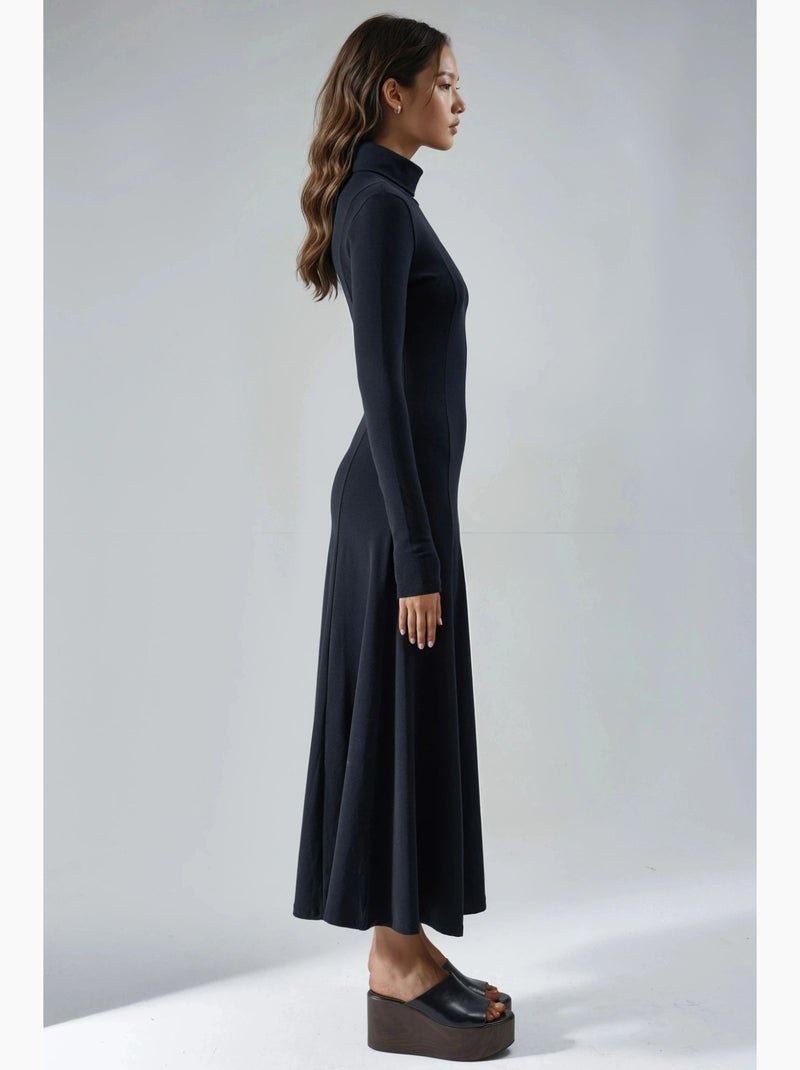 Vestido midi de corte a con cuello barco y manga larga busem Negro - Kiabi