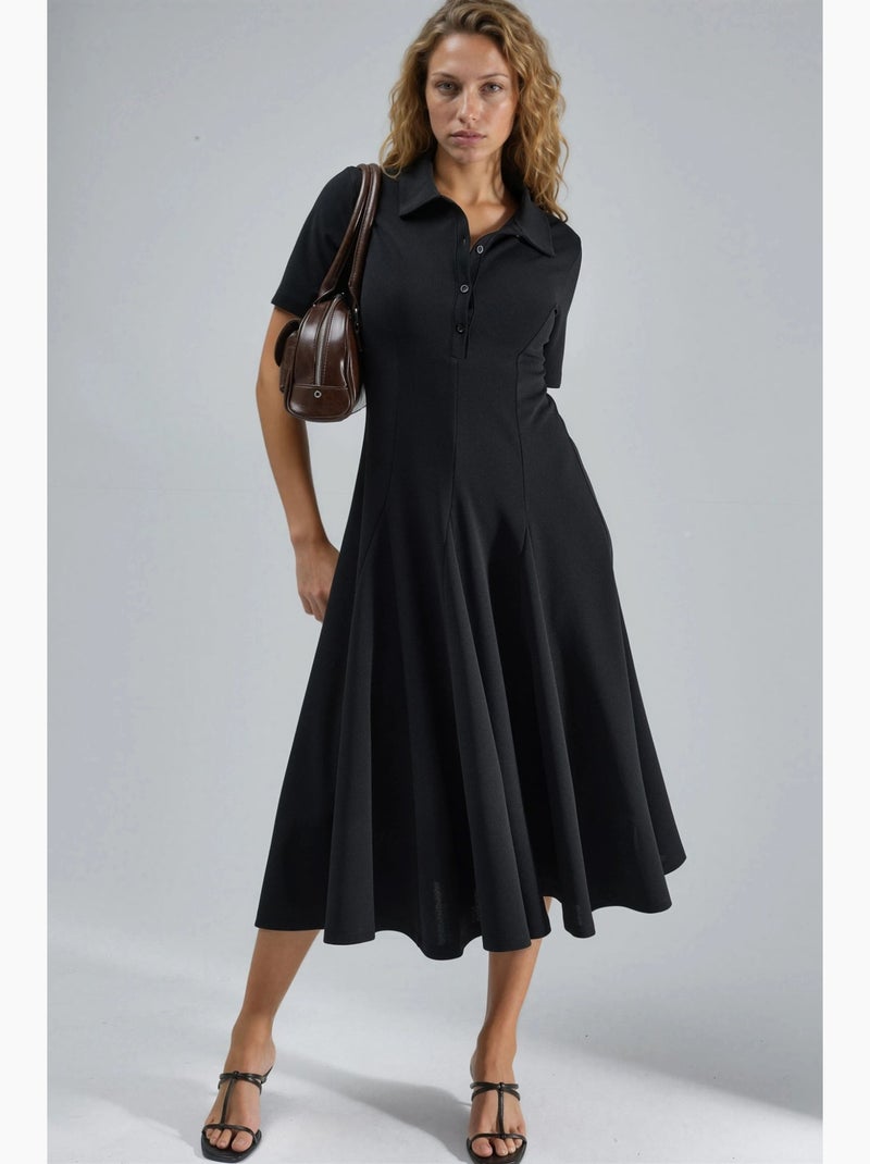 Vestido midi de corte a con cuello camisero y cierre de botones busem Negro - Kiabi