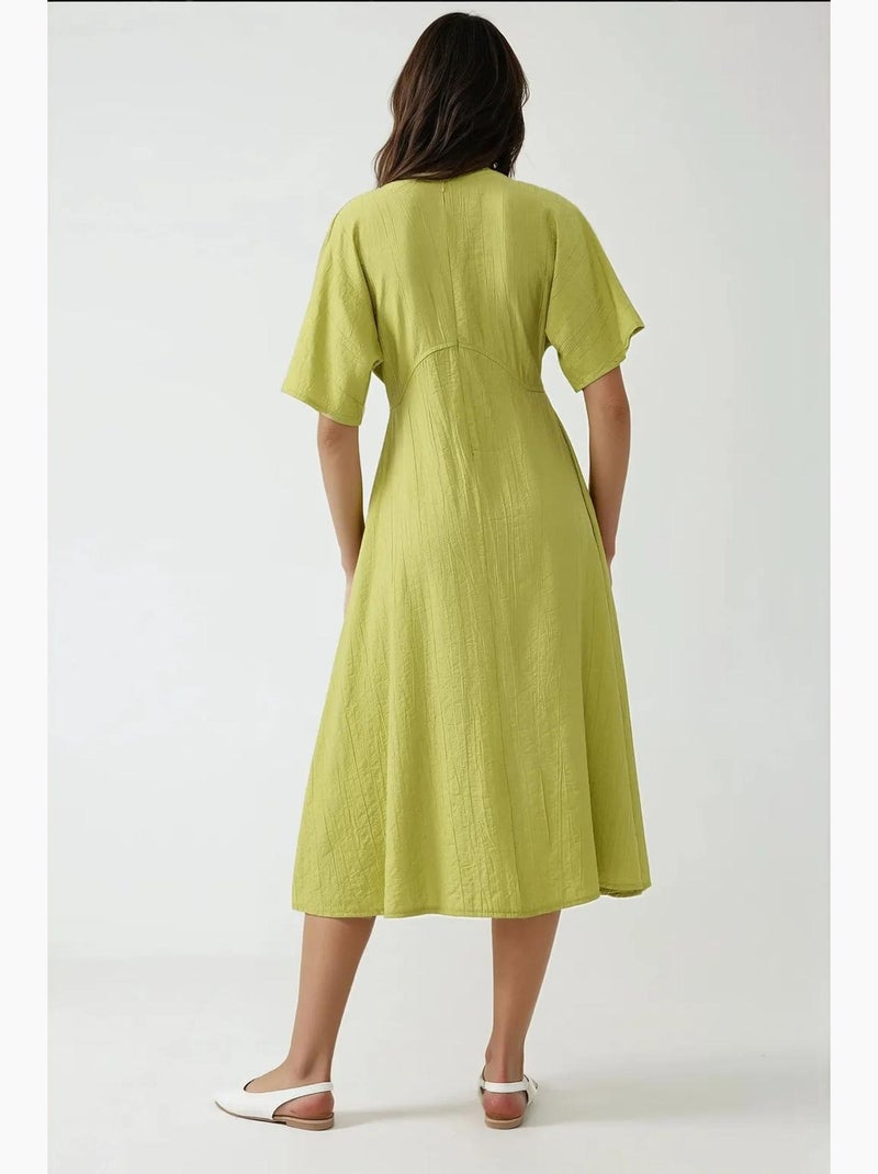 Vestido midi de corte a con cuello redondo hiccup Verde caqui - Kiabi