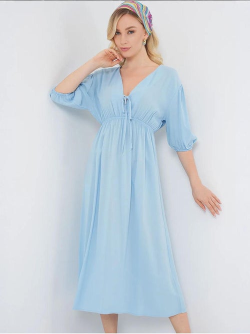 Vestido midi de corte a con escote en v y detalle de ribete bdart - Kiabi Vestido midi de corte a con escote en v y detalle de ribete bdart - Kiabi