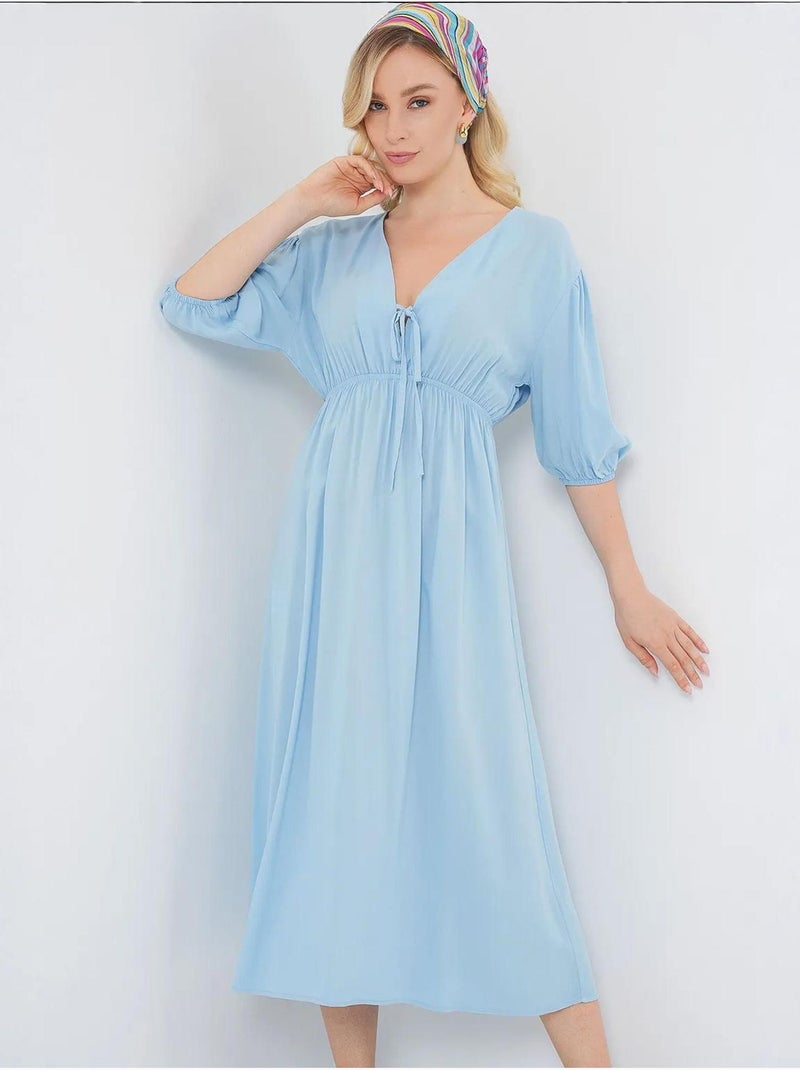 Vestido midi de corte a con escote en v y detalle de ribete bdart Azul claro - Kiabi