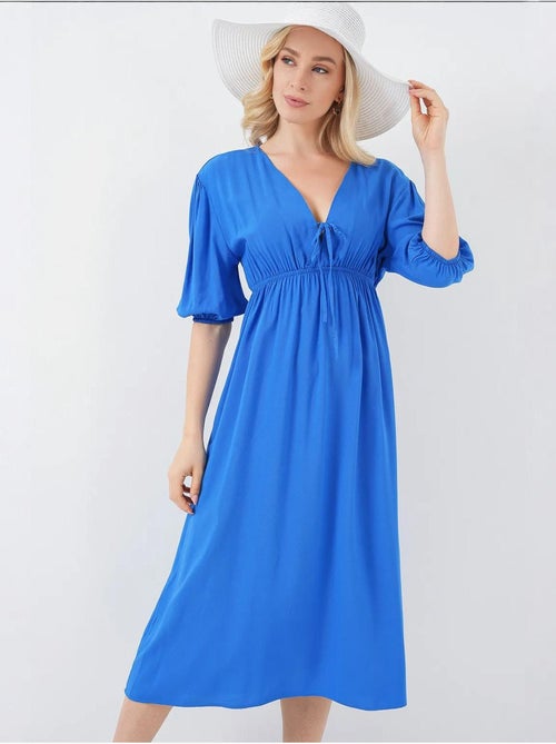 Vestido midi de corte a con escote en v y detalle de ribete bdart - Kiabi Vestido midi de corte a con escote en v y detalle de ribete bdart - Kiabi