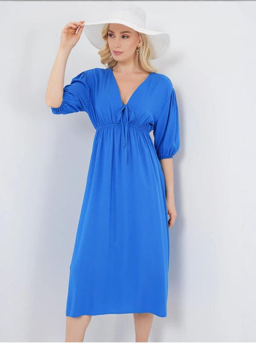 Vestido midi de corte a con escote en v y detalle de ribete bdart - Kiabi Vestido midi de corte a con escote en v y detalle de ribete bdart - Kiabi