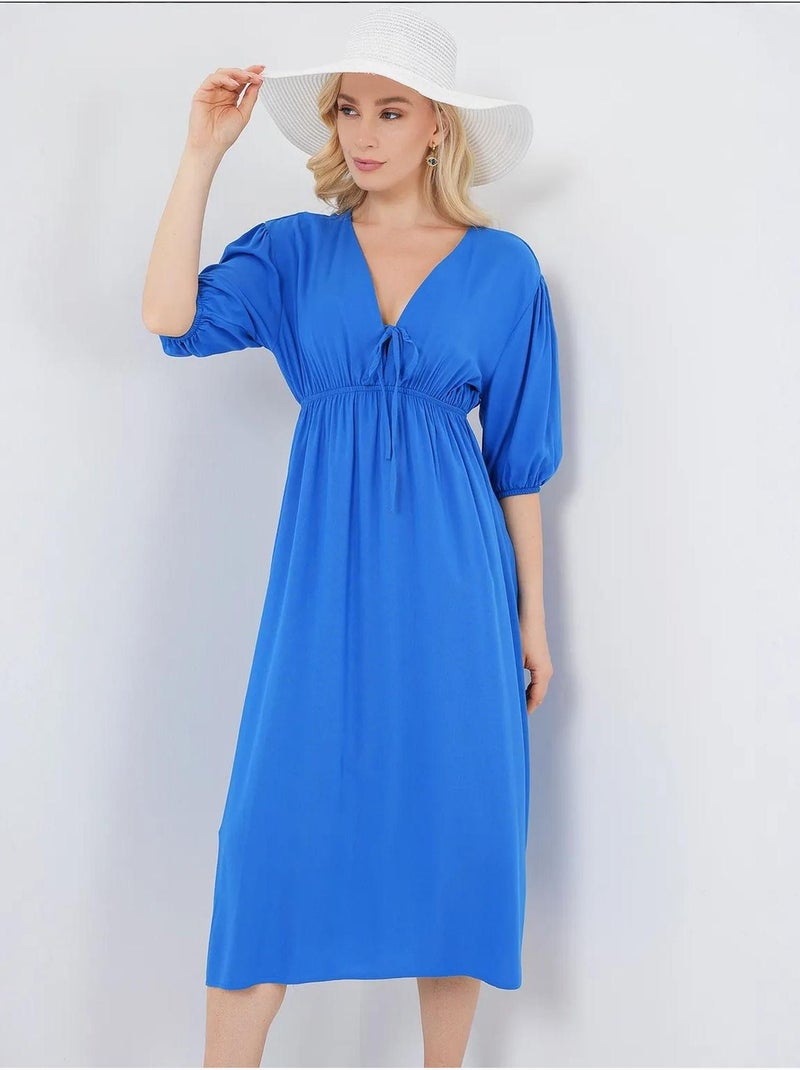 Vestido midi de corte a con escote en v y detalle de ribete bdart Azul eléctrico - Kiabi