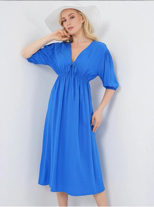 Vestido midi de corte a con escote en v y detalle de ribete bdart - Kiabi Vestido midi de corte a con escote en v y detalle de ribete bdart - Kiabi