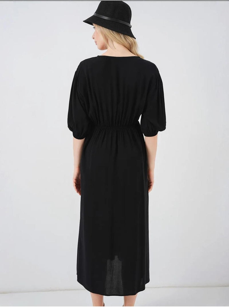 Vestido midi de corte a con escote en v y detalle de ribete bdart Negro - Kiabi