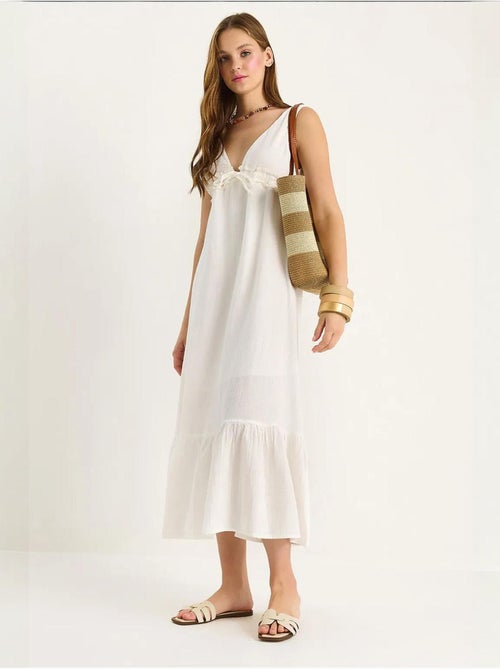 Vestido midi de corte a con escote en v y detalle de ribete lucci - Kiabi Vestido midi de corte a con escote en v y detalle de ribete lucci - Kiabi