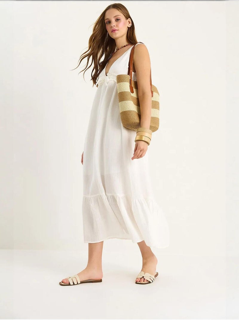 Vestido midi de corte a con escote en v y detalle de ribete lucci Blanco - Kiabi