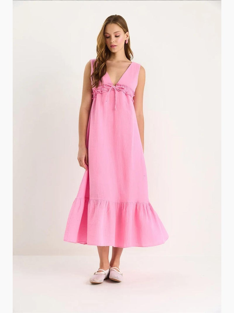 Vestido midi de corte a con escote en v y detalle de ribete lucci Rosa fluo/Solinotes - Kiabi