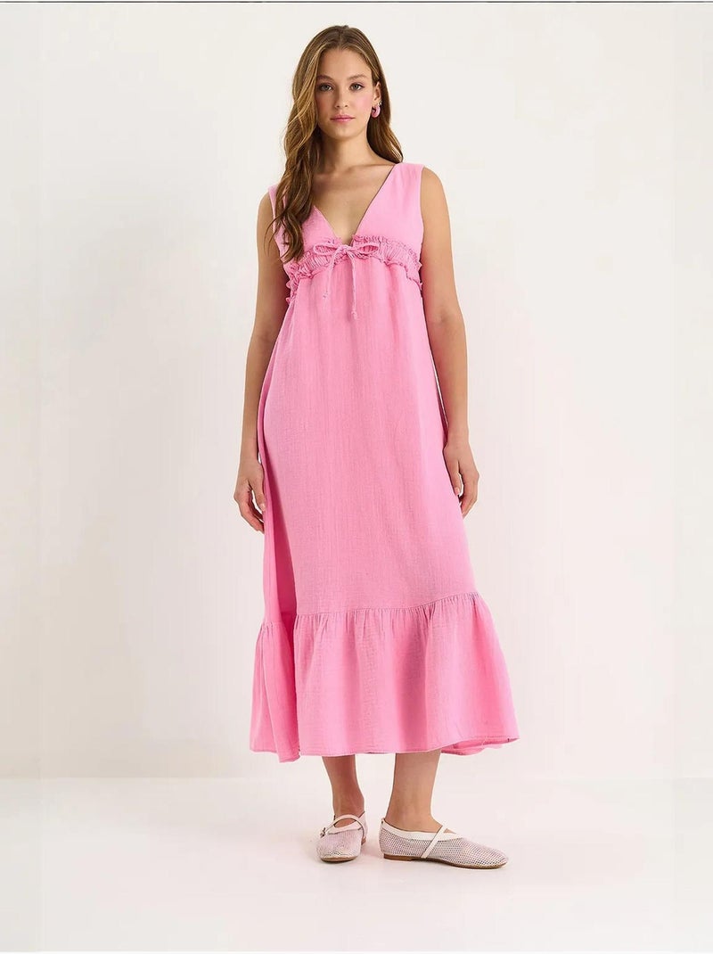 Vestido midi de corte a con escote en v y detalle de ribete lucci Rosa fluo/Solinotes - Kiabi