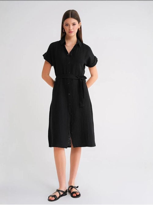 Vestido midi de corte relajado con cuello camisero y cierre de botones mixray - Kiabi