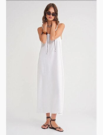 Vestido midi de corte relajado con cuello cuadrado y detalle de volantes de mixray