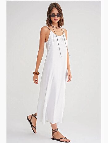 Vestido midi de corte relajado con cuello cuadrado y detalle de volantes de mixray