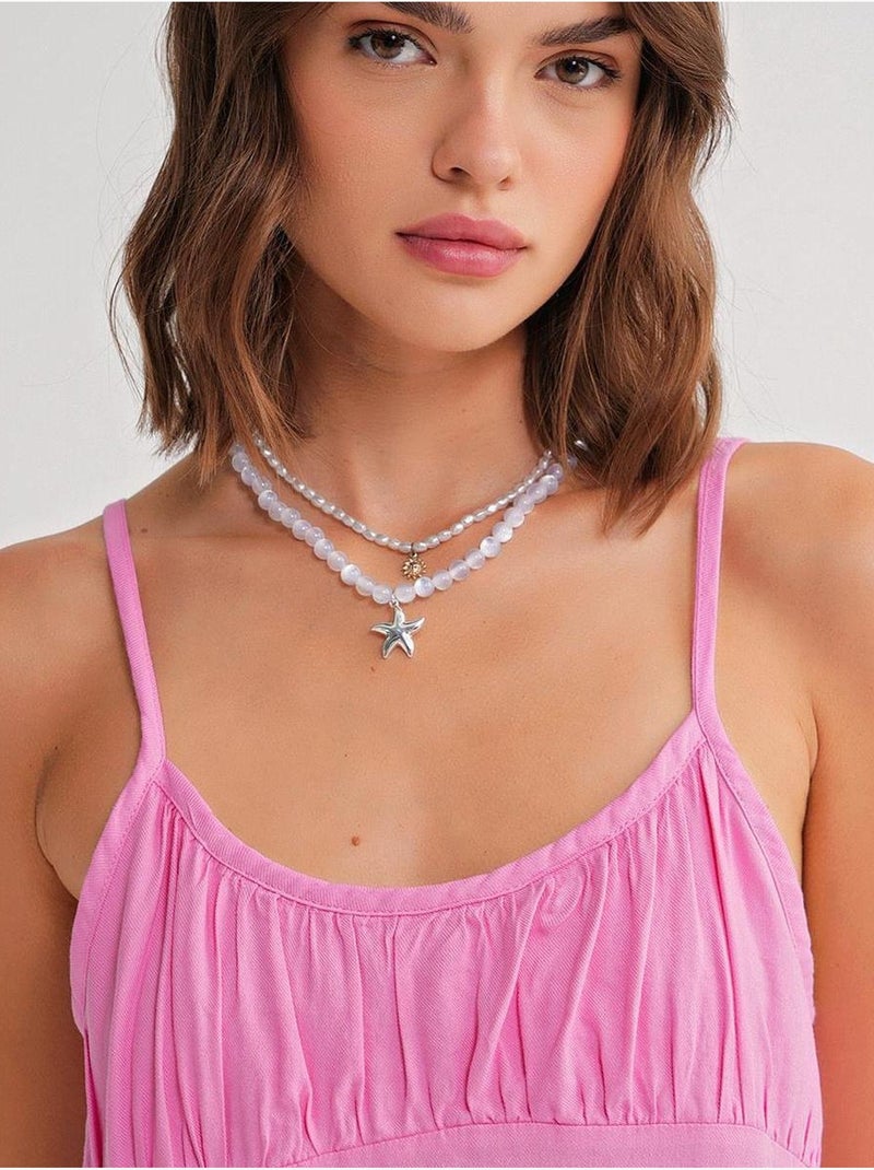 Vestido midi de corte relajado con cuello cuadrado y detalle de volantes de mixray Rosa pálido - Kiabi