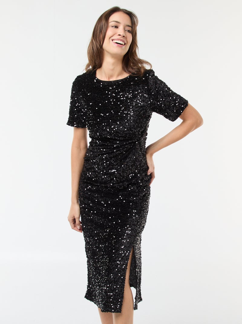Vestido midi de cuello redondo con lentejuelas liso Negro - Kiabi