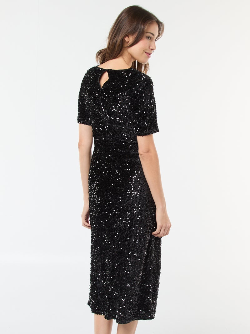 Vestido midi de cuello redondo con lentejuelas liso Negro - Kiabi