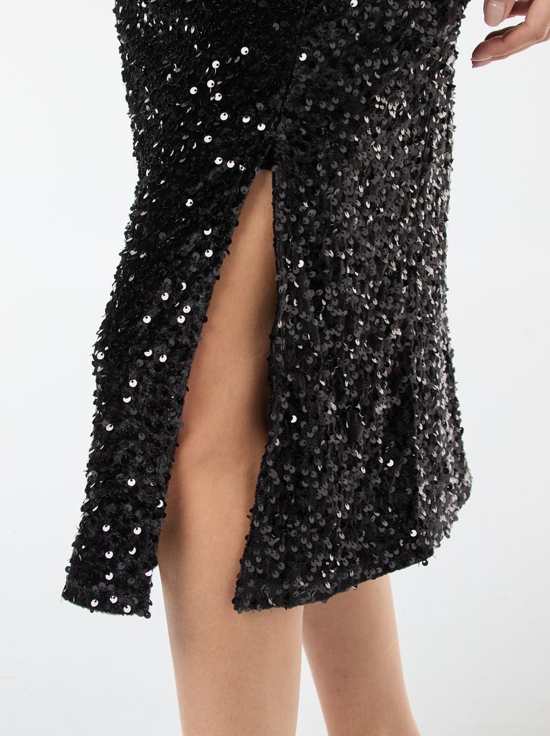 Vestido midi de cuello redondo con lentejuelas liso Negro - Kiabi