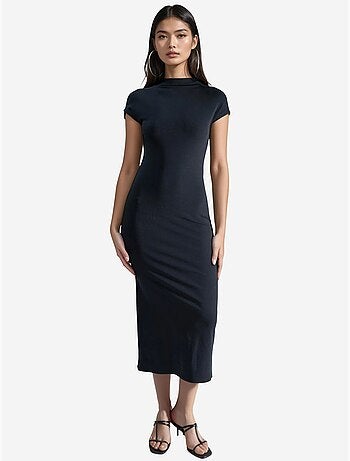 Vestido midi de cuello redondo y corte entallado con detalle elástico de busem