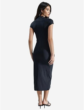 Vestido midi de cuello redondo y corte entallado con detalle elástico de busem