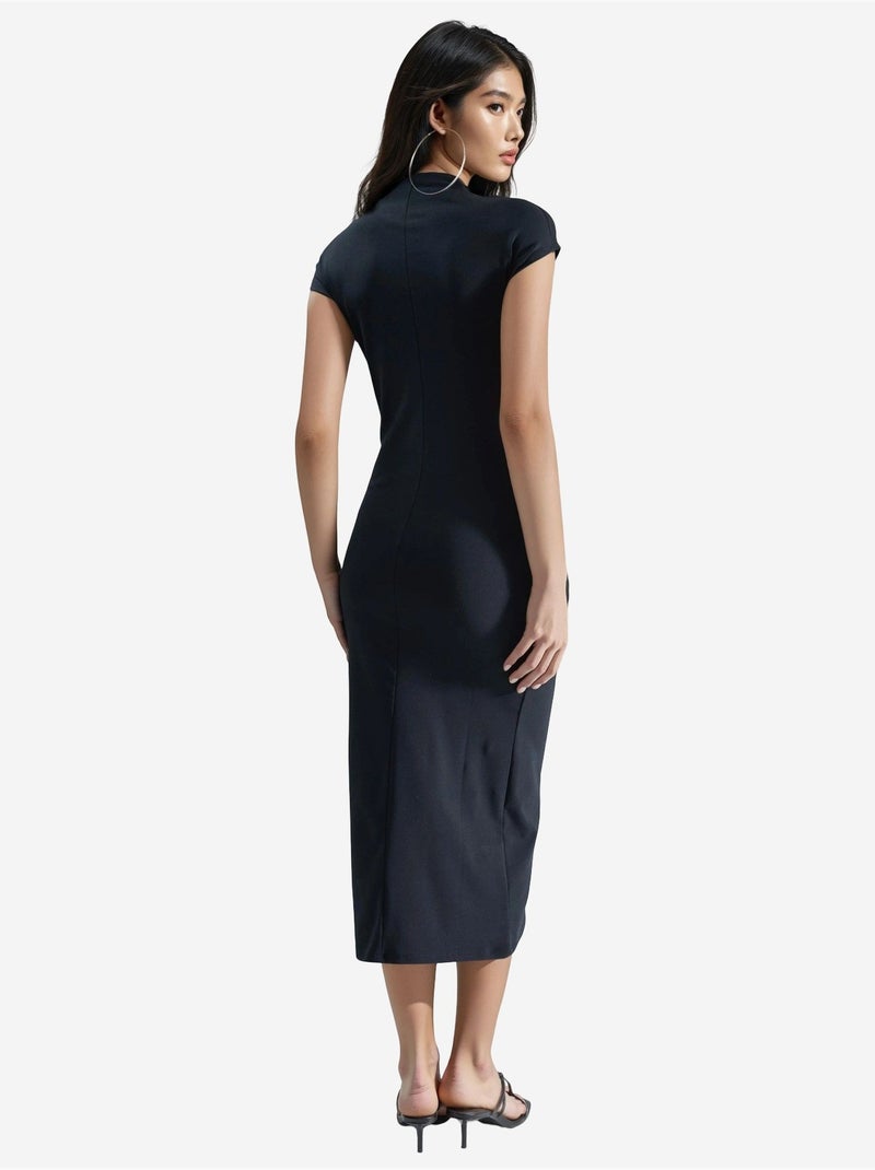 Vestido midi de cuello redondo y corte entallado con detalle elástico de busem Negro - Kiabi