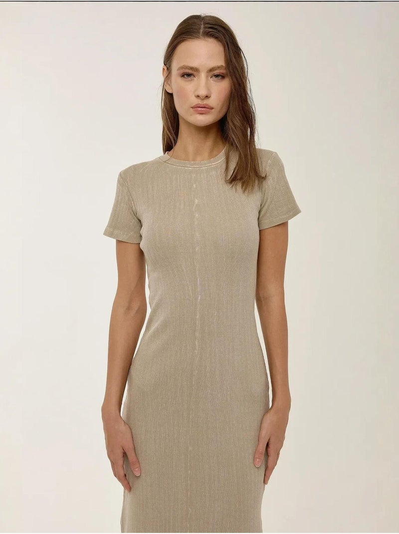 Vestido midi de cuello redondo y manga corta hiccup Beige natural - Kiabi