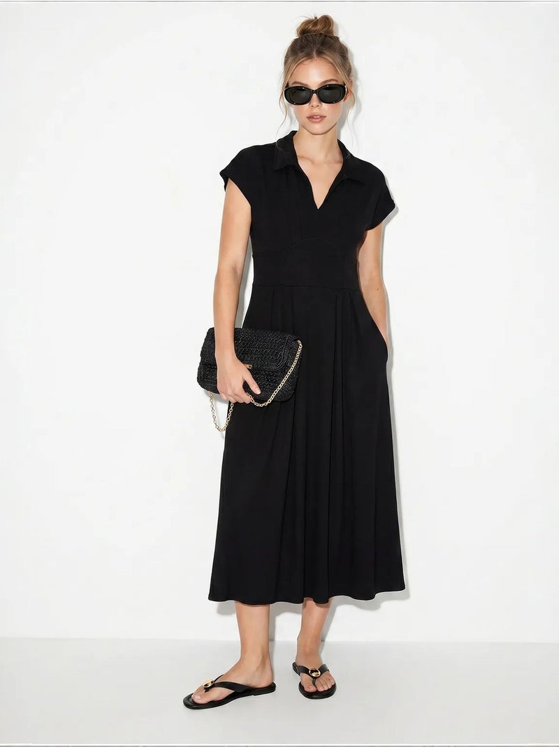 Vestido midi de jersey en línea a con cuello polo lucci Negro - Kiabi