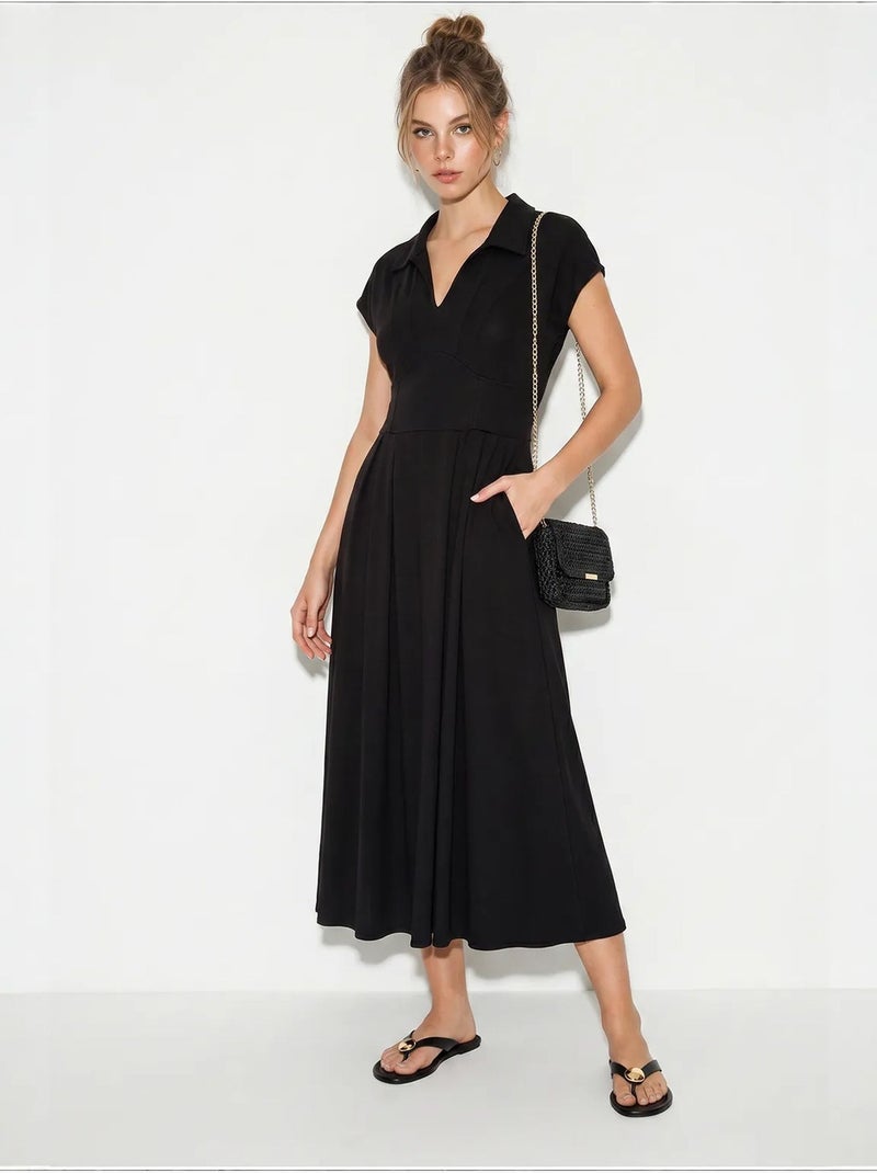 Vestido midi de jersey en línea a con cuello polo lucci Negro - Kiabi