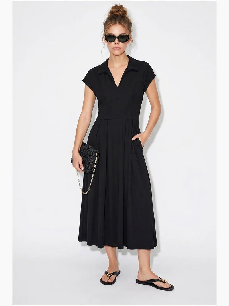 Vestido midi de jersey en línea a con cuello polo lucci Negro - Kiabi