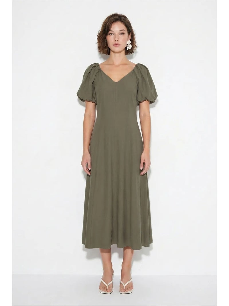Vestido midi de línea a con escote en v y cremallera lucci Caqui - Kiabi