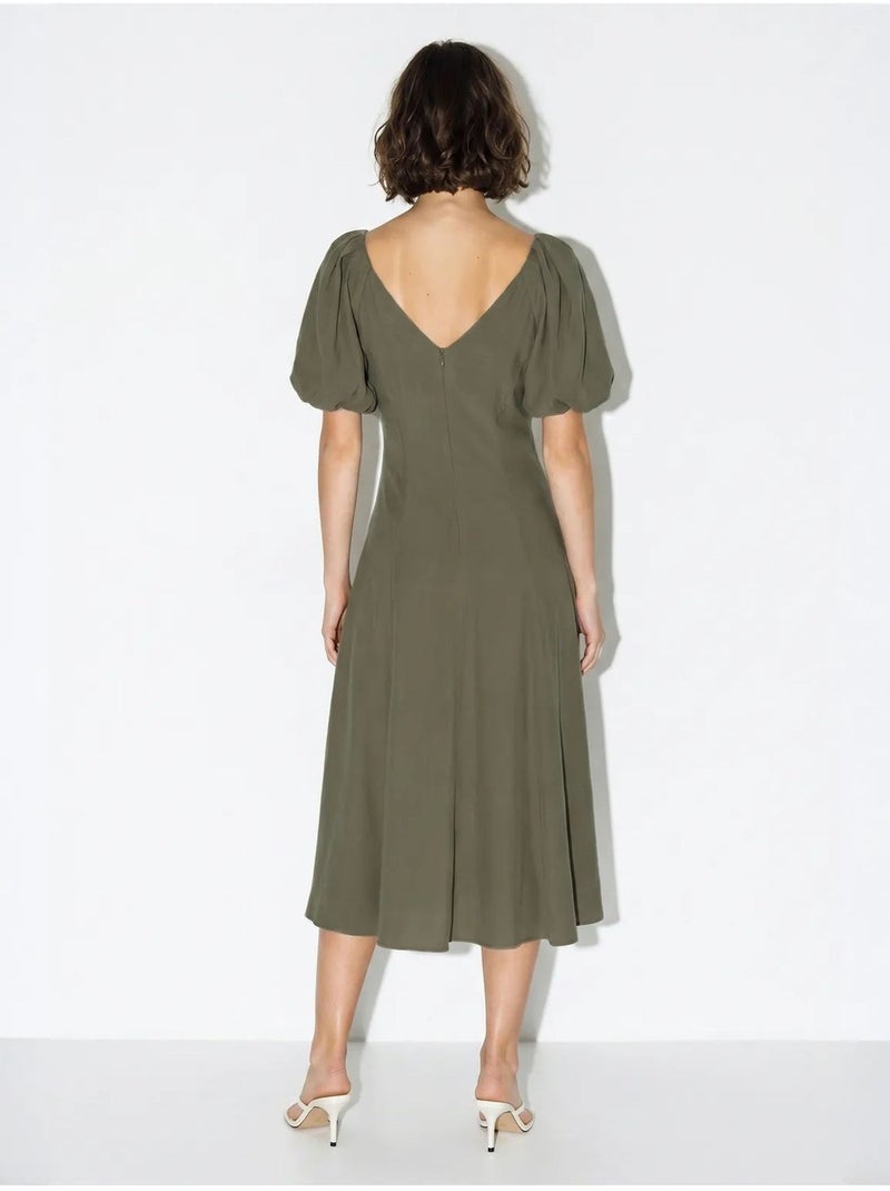 Vestido midi de línea a con escote en v y cremallera lucci Caqui - Kiabi