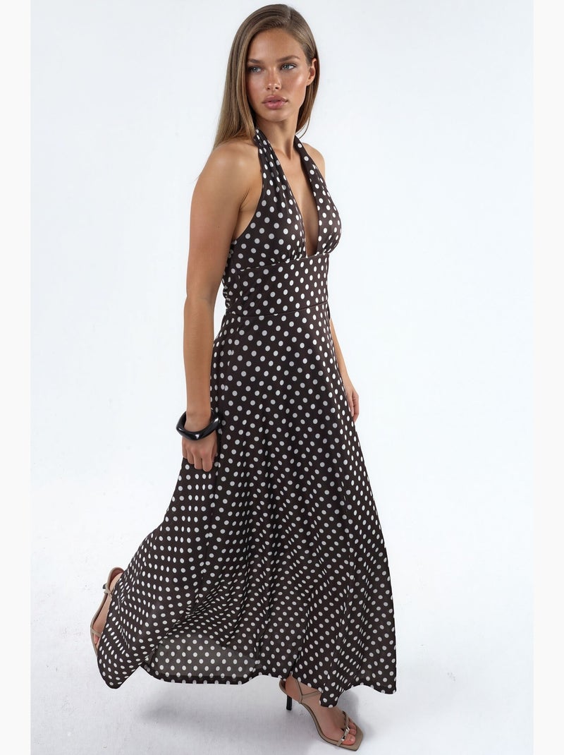 Vestido midi de lunares con cuello halter hiccup Marrón - Kiabi