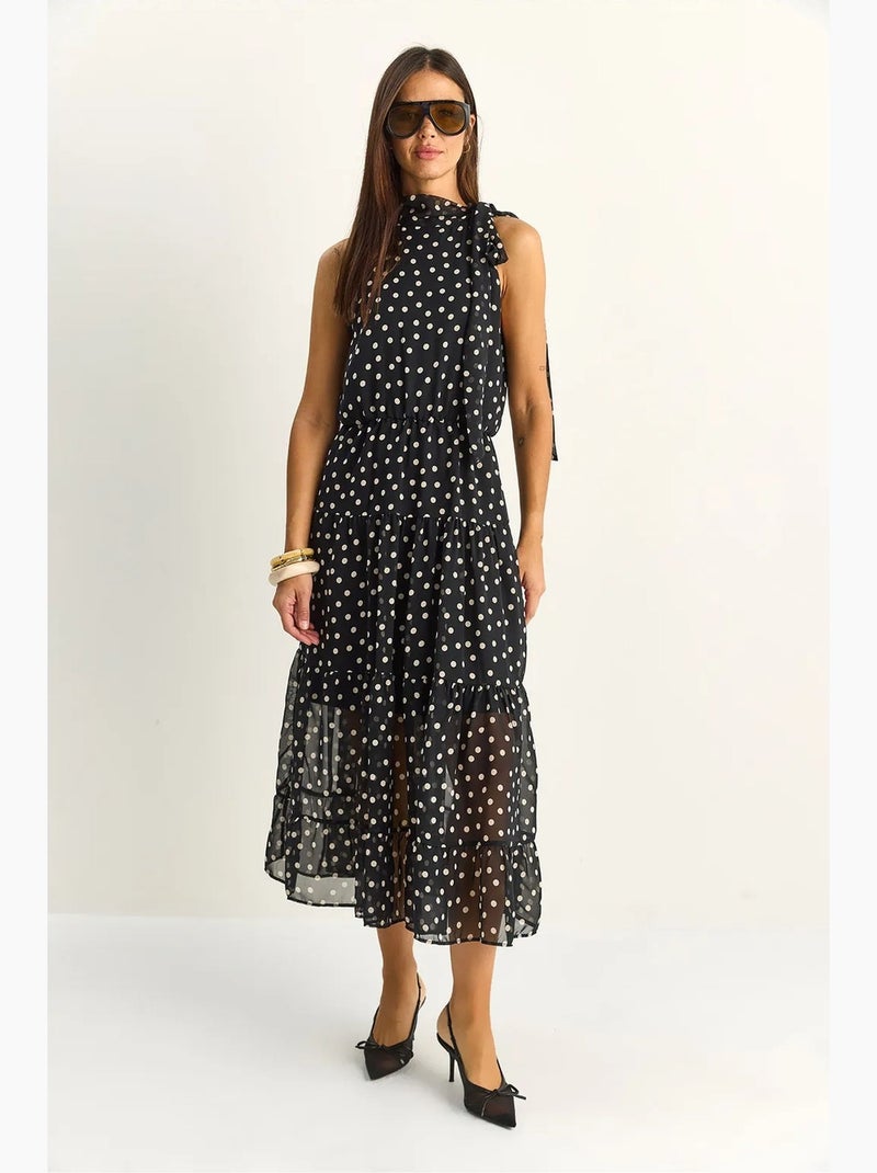 Vestido midi de lunares con cuello halter lucci Negro - Kiabi
