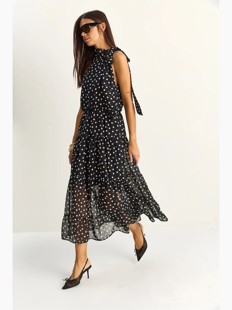 Vestido midi de lunares con cuello halter lucci Negro - Kiabi