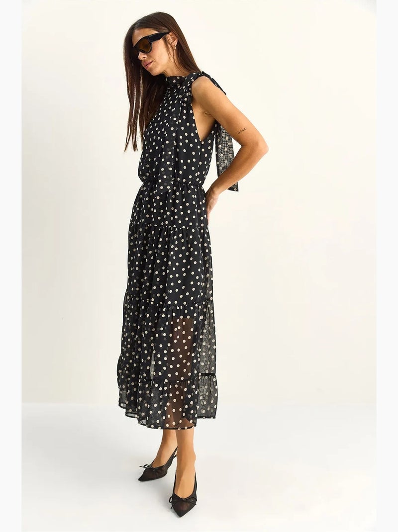 Vestido midi de lunares con cuello halter lucci Negro - Kiabi