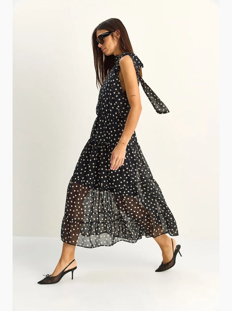 Vestido midi de lunares con cuello halter lucci Negro - Kiabi
