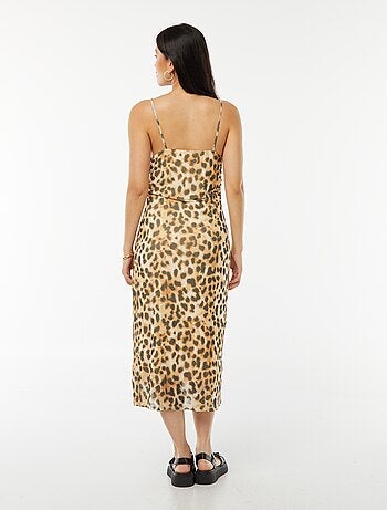 Vestido midi de malla con estampado de leopardo y escote drapeado