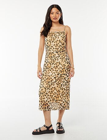 Vestido midi de malla con estampado de leopardo y escote drapeado