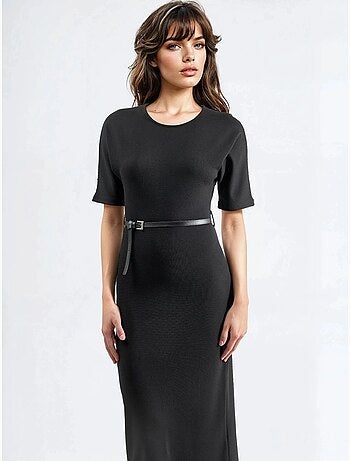Vestido midi de manga corta con cinturón de busem