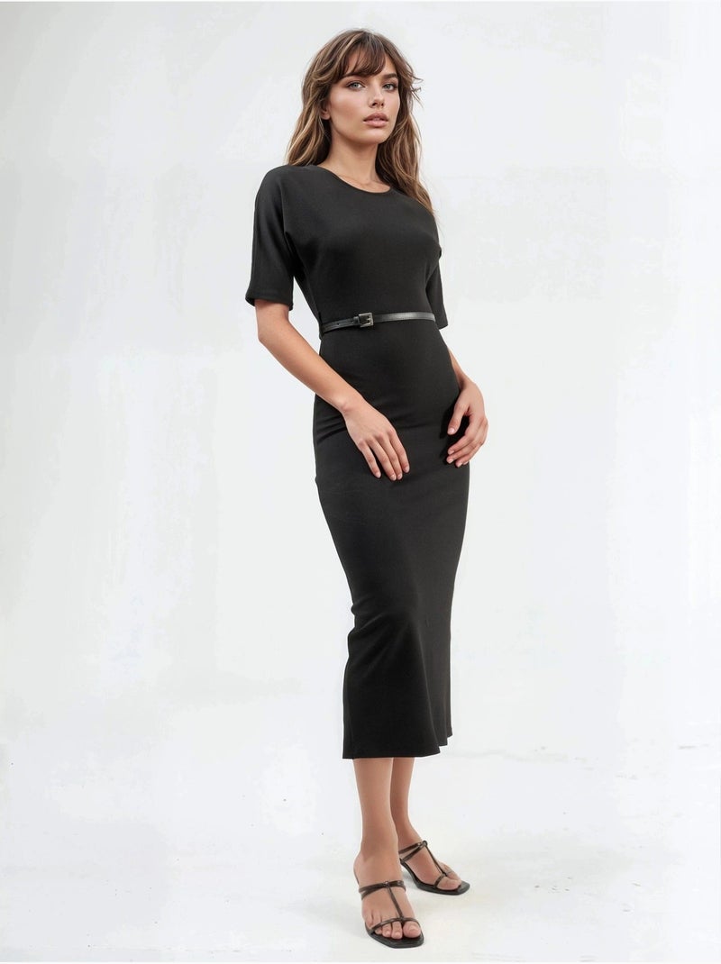 Vestido midi de manga corta con cinturón de busem Negro - Kiabi