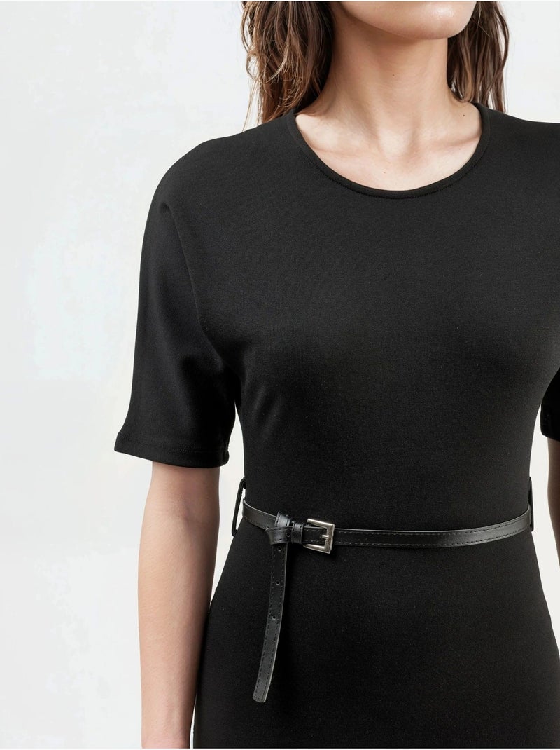Vestido midi de manga corta con cinturón de busem Negro - Kiabi