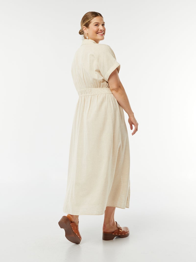 Vestido midi de manga corta con cuello camisero Beige - Kiabi